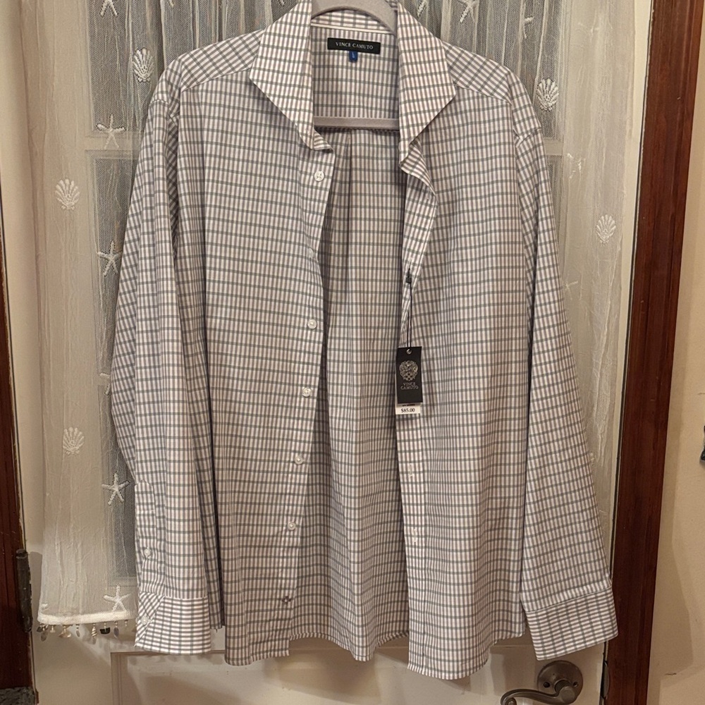 Vince Camuto Men's White and Blue Plaid Shirt
